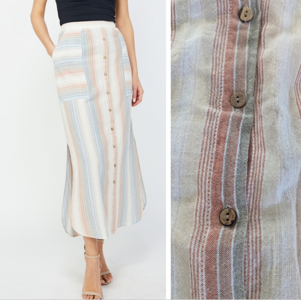 RD&koko button down striped skirt with side slit cotton boho